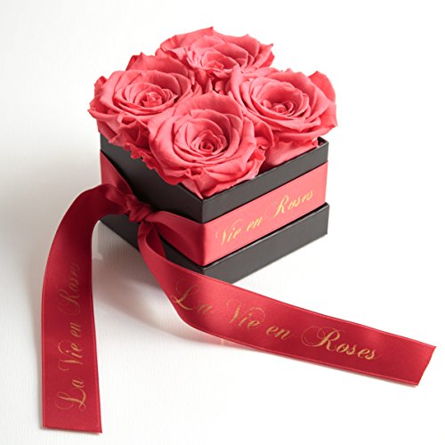 Rosenbox Poesie en Roses 4 konservierte Rosen haltbar 3 Jahre lang - Blumenbox Geschenk für Frauen von ROSEMARIE SCHULZ Heidelberg (Koral Rot) von ROSEMARIE SCHULZ Heidelberg