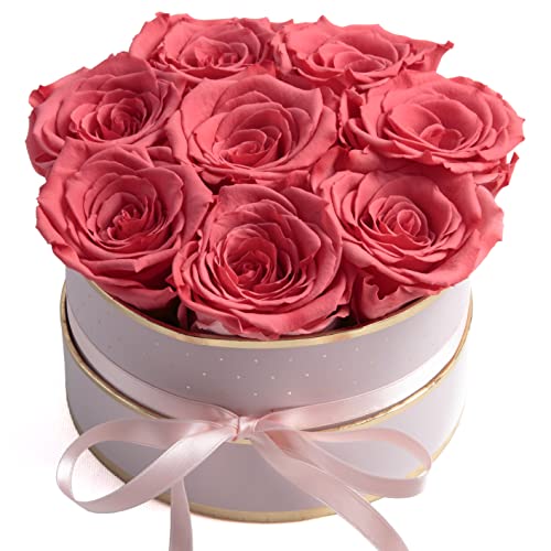 ROSEMARIE SCHULZ Heidelberg Rosenbox rosa rund Infinity Rosen - Flowerbox 8 echte Rosen haltbar 3 Jahre Durchmesser 15 cm - Geschenk für Frauen (Rosa-Korall) von ROSEMARIE SCHULZ Heidelberg