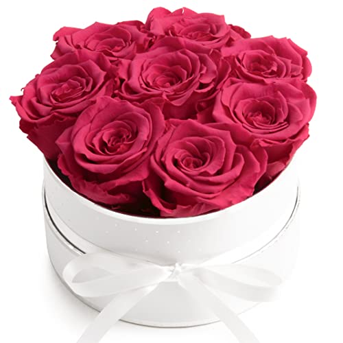 ROSEMARIE SCHULZ Heidelberg Rosenbox rosa rund Infinity Rosen - Flowerbox 8 echte Rosen haltbar 3 Jahre Durchmesser 15 cm - Geschenk für Frauen (Weiß-Pink) von ROSEMARIE SCHULZ Heidelberg