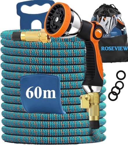 Gartenschlauch Gartenschläuche Schläuche 20m 30m 50m 100m erweiterbarer Wasserschlauch Schlauch Flexibel einziehbar Gartenschlauch zusammenklappbar (Orange Blau 60m) von ROSEVIEW