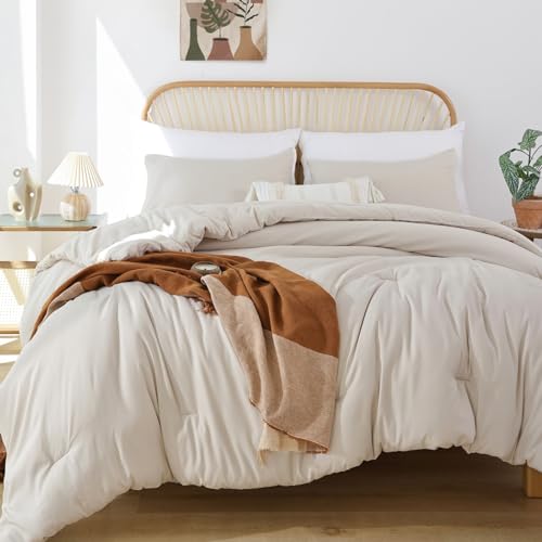 ROSGONIA Beigefarbenes Bettdecken-Set für Queen-Size-Betten, 3-teilig (1 Boho-Bettdecke und 2 Kissenbezüge), Ganzjahres-Bettwäsche, leicht, weich, Tagesdecke, Steppdecke, Geschenke von ROSGONIA