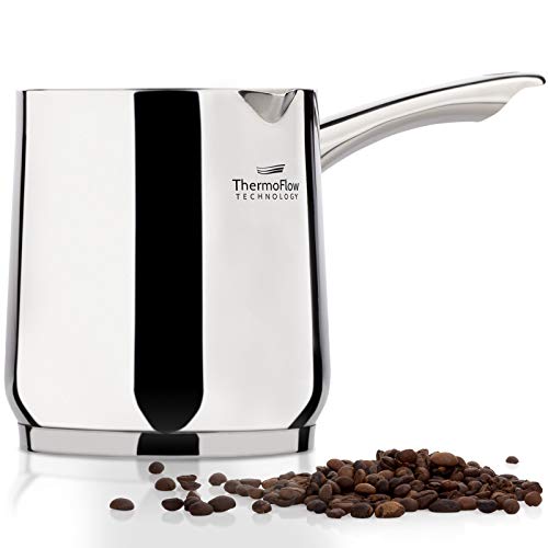 ROSMARINO Edelstahl-Induktions-Moka-Kanne, 700 ml, moderne türkische Cezve-Kaffeekanne mit 3-lagigem Stahlboden, geeignet für Induktions-, Elektro-, Glaskeramik-, Gasherde und Geschirrspüler von ROSMARINO