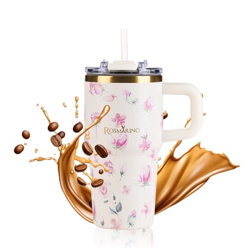 ROSMARINO MegaCup Roses 580ml – Creme – Vakuumisolierter Edelstahl Reisebecher – Auslaufsicher & Wiederverwendbar - Hält 11h Kalt & 7h Warm - BPA-frei von ROSMARINO