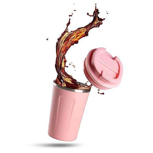 ROSMARINO Reise-Kaffeebecher - Tragbare Vakuumisolierte, Doppelwandige Thermobecher To Go - Wiederverwendbare Trinkbecher aus Edelstahl - 7x9 x 13 cm I Rosa, 350 ml von ROSMARINO