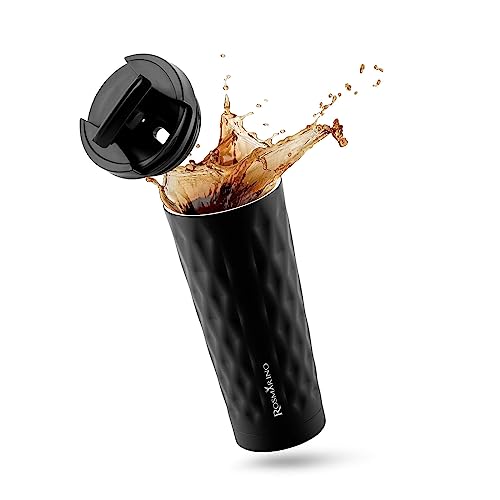 ROSMARINO Reise-Kaffeebecher - Tragbare Vakuumisolierte, Doppelwandige Thermobecher To Go - Wiederverwendbare Trinkbecher aus Edelstahl I Schwarz, 500 ml von ROSMARINO