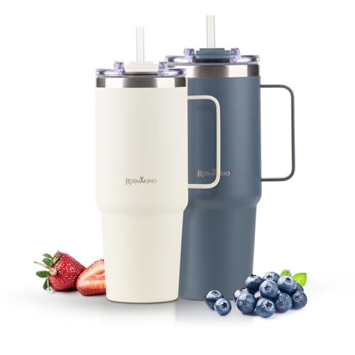ROSMARINO Thermobecher | 2-teiliges Set XL 870ml Edelstahl Isolierbecher mit Strohhalm | hält 11 Stunden kalt und 7 Stunden warm | auslaufsichere Thermoskanne | BPA-frei | Kaffeebecher für unterwegs von ROSMARINO