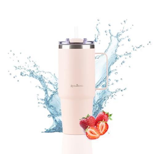 ROSMARINO Thermobecher XL 870ml Edelstahl Isolierbecher mit Strohhalm | Hält 11h Kalt & 7h Warm | Thermosflasche Auslaufsicher | BPA-frei | Kaffeebecher To Go von ROSMARINO