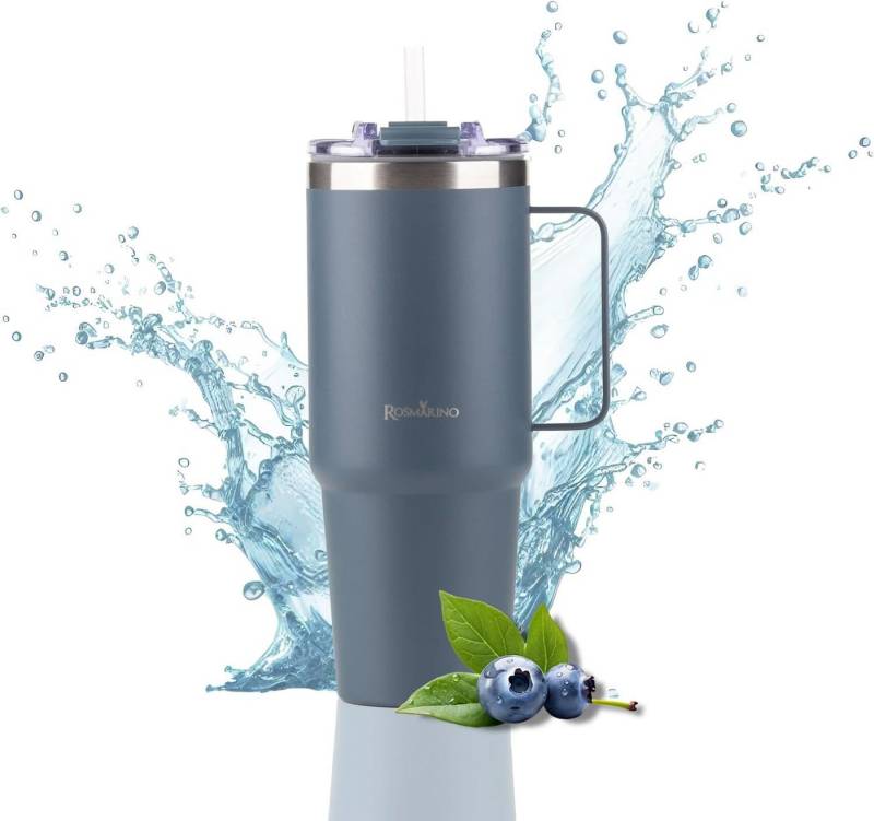 ROSMARINO Thermoflasche Thermobecher Edelstahl auslaufsicher mit Strohhalm und großem Griff von ROSMARINO
