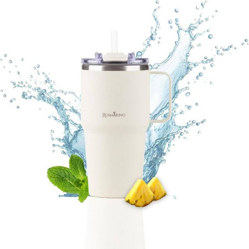 ROSMARINO Thermoflasche Thermobecher Edelstahl auslaufsicher mit Strohhalm und großem Griff von ROSMARINO