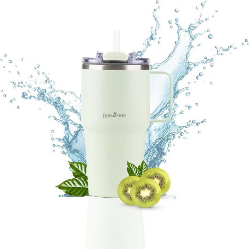 ROSMARINO Thermoflasche Thermobecher Edelstahl auslaufsicher mit Strohhalm und großem Griff von ROSMARINO