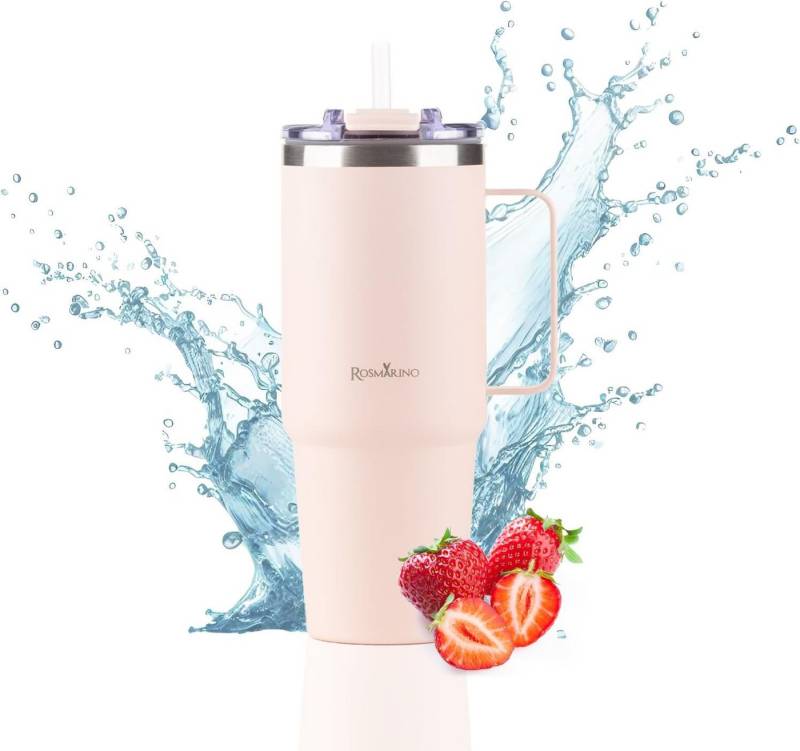 ROSMARINO Thermoflasche Thermobecher Edelstahl auslaufsicher mit Strohhalm und großem Griff von ROSMARINO