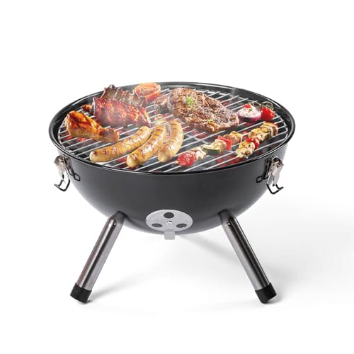 Rosmarino BBQ Kettle Holzkohlegrill (Ø 36 cm) - Tragbarer Stahlgrill für Draußen mit Deckel und Verchromtem Gestell - Schwarzer Freistehender Runder Kugelgrill von ROSMARINO