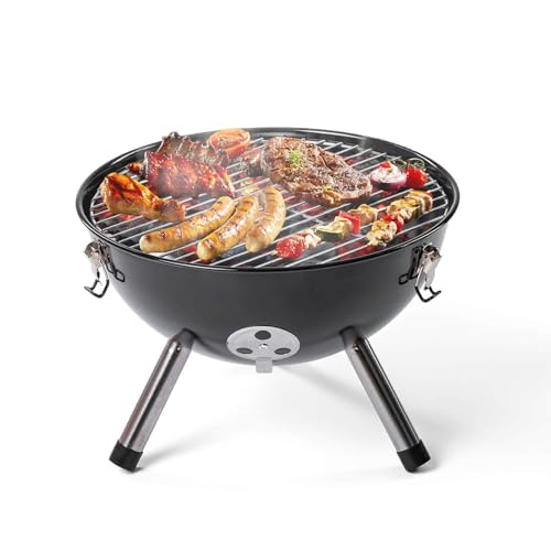 ROSMARINO BBQ Kettle Holzkohlegrill (Ø 36 cm) - Tragbarer Stahlgrill für Draußen mit Deckel und Verchromtem Gestell - Schwarzer Freistehender Runder Kugelgrill von ROSMARINO