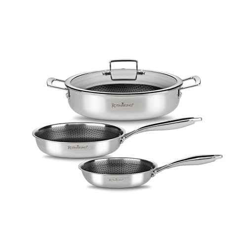 Rosmarino HexaPro 2.0 Kochgeschirr Set – Bratpfanne 24 cm, Kochtopf 28 cm, Pfanne 20 cm aus Edelstahl; antihaft, kratzfest, ofenfest bis 220°C, geeignet für alle Herdarten von ROSMARINO