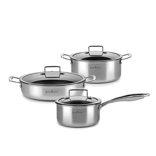 Rosmarino HexaPro 2.0 Topfset aus Edelstahl 16/24/28 cm – Robustes Kochgeschirr mit Deckel, ideal für die Gourmet-Küche von ROSMARINO