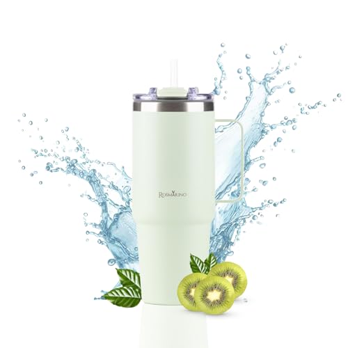 Thermobecher XL 870ml Edelstahl ROSMARINO | Isolierbecher mit Strohhalm | Hält 11h Kalt & 7h Warm | Thermosflasche Auslaufsicher | BPA-frei | Kaffeebecher To Go von ROSMARINO