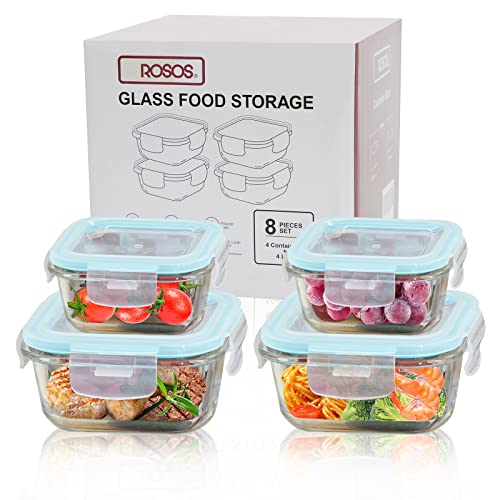 ROSOS Frischhaltedosen mit Deckel, 4er-Pack luftdichte Glasbehälter mit Deckel BPA-freiem für Lebensmittel und auslaufsicher, Frischhaltedosen Glas mit Deckel für Ofen/Gefrierfach, Blau von ROSOS