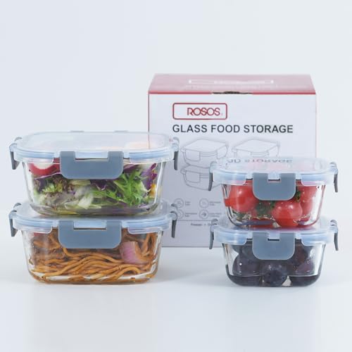 ROSOS Glasbehälter mit Deckel, 4er-Pack Frischhaltedosen Glas mit Verbesserter Deckel BPA-freiem für Lebensmittel und auslaufsicher, Frischhaltedosen Glas mit Deckel für Ofen/Gefrierfach, Grau von ROSOS