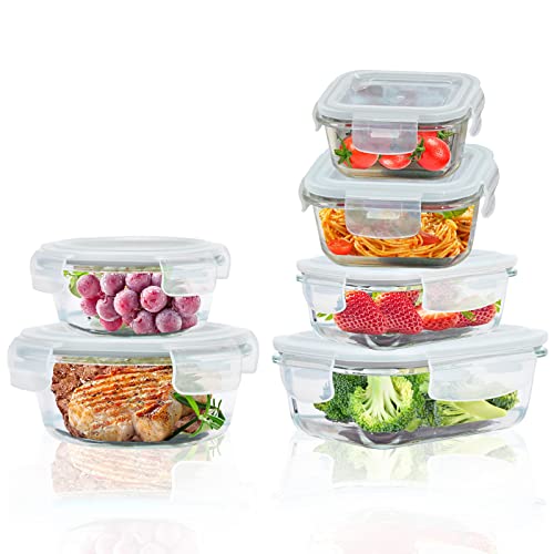 ROSOS Glasbehälter mit Deckel, 6er-Pack luftdichte Frischhaltedosen mit Deckel BPA-freiem für Lebensmittel und auslaufsicher, Frischhaltedosen Glas mit Deckel für Ofen/Gefrierfach, Grau von ROSOS