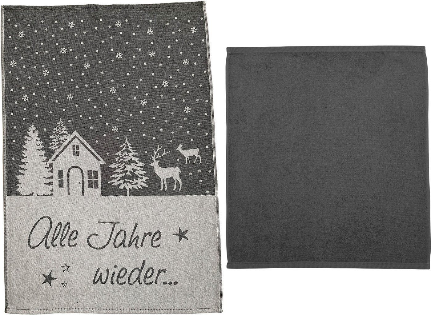 ROSS Geschirrtuch Weihnachtsküchentuch - Alle Jahre wieder..., Weihnachten, (Set, 2-tlg., 1x Frottiertuch uni - 50x50 cm, 1x Geschirrtuch mit Motiv - 50x70 cm), aus 100% Baumwolle, Weihnachtsdeko von ROSS