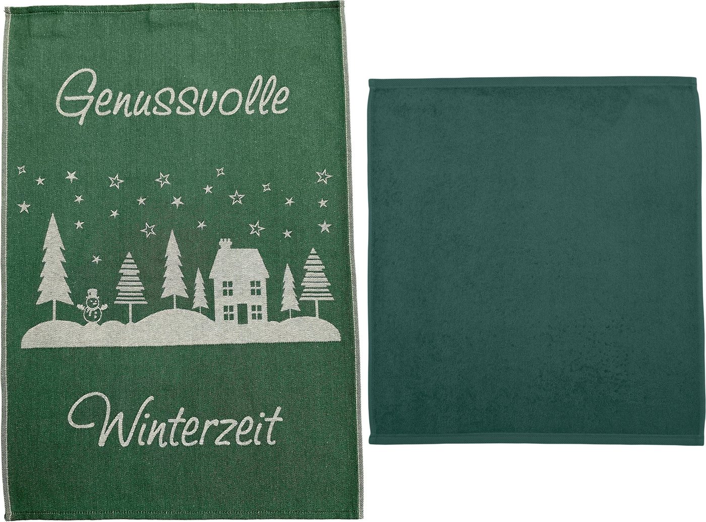 ROSS Geschirrtuch Weihnachtsküchentuch - Genussvolle Winterzeit, für Weihnachten, (Set, 2-tlg., 1x Frottiertuch uni - 50x50 cm, 1x Geschirrtuch mit Motiv - 50x70 cm), aus 100% Baumwolle, Weihnachtsdeko von ROSS