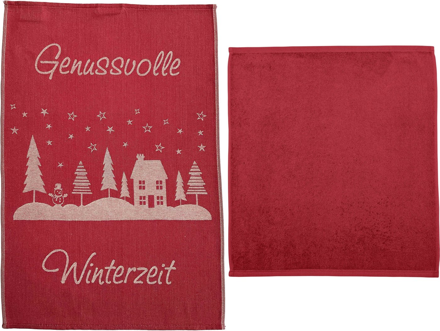 ROSS Geschirrtuch Weihnachtsküchentuch - Genussvolle Winterzeit, für Weihnachten, (Set, 2-tlg., 1x Frottiertuch uni - 50x50 cm, 1x Geschirrtuch mit Motiv - 50x70 cm), aus 100% Baumwolle, Weihnachtsdeko von ROSS