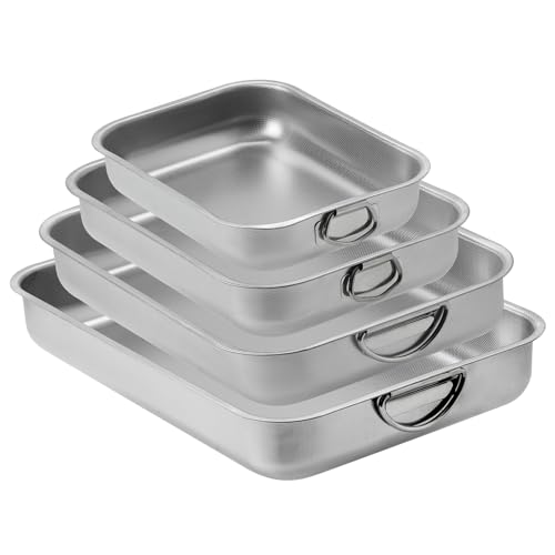 ROSSETTO Backblech Edelstahl Verbessert 4 Stück Rechteckig Auflaufform mit Griffen Ofenblech Kuchenblech Backofen Ofenform für Lasagne Spülmaschinenfest Wabenartige Textur von ROSSETTO