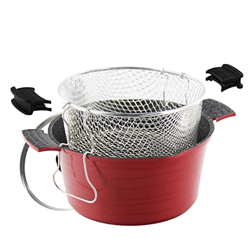 ROSSETTO Pommes Frites Topf 24 cm mit Frittierkorb, Aluguss Kochtopf Induktion, Pommes-Topf 2-in-1, mit Glasdeckel, Antihaftbeschichtung, induktionsgeeignet, Nudeltopf 4,5 Liter, Rot von ROSSETTO