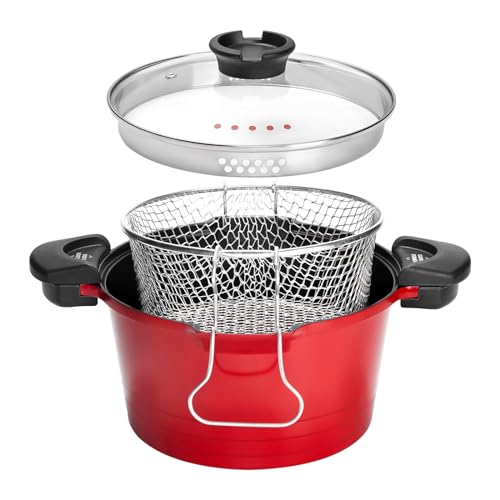 ROSSETTO Kochtopf Induktion Suppentopf Aluminiumguss Pastatopfe Antihaftbeschichtung Fritteuse mit Korb Pommes Frites Pfanne Rot 24cm von ROSSETTO