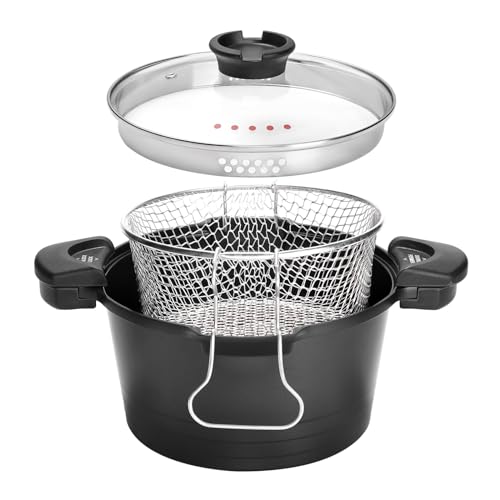 ROSSETTO Kochtopf Induktion Suppentopf Aluminiumguss Pastatopfe Antihaftbeschichtung Fritteuse mit Korb Pommes Frites Pfanne Schwarz 24cm von ROSSETTO