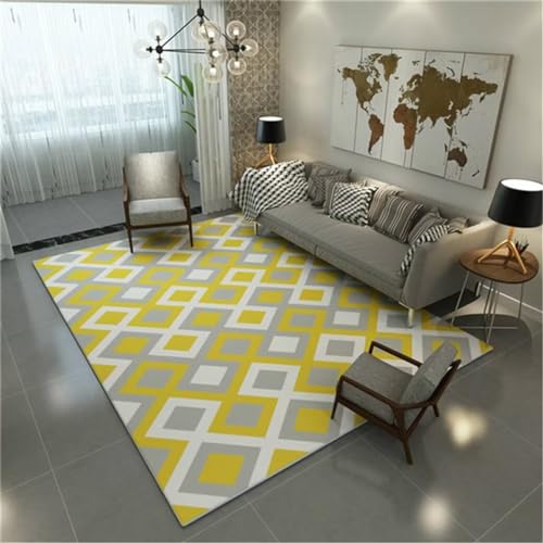 ROSURUG Auslegware Teppichboden Decken Für Sofa Grau gelb quadratisch geometrisches Design Wohnzimmer Teppich modernen Stil 120X160cm Zimmer Deko Teenager Mädchen von ROSURUG
