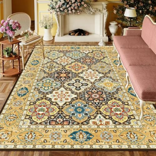 ROSURUG Deko Kinderzimmer Mädchen Gelb Wohnzimmer Teppich 140X200CM Matrix Blumenarrangement Muster Retro-Design antiallergisch von ROSURUG