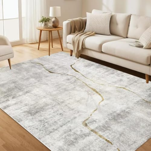 ROSURUG Küchen Deko Hellgrau Teppich Lang 90X200CM Einfaches goldenes Liniendesign bequem kältebeständig waschbar von ROSURUG