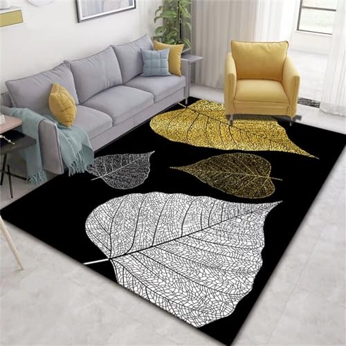 ROSURUG Outdoor-Teppich Teppichfliesen Mit Blättern bedruckter schwarzer Hintergrundteppich für die Wohnzimmerdekoration, schimmel- und feuchtigkeitsbeständig, pflegeleicht 130X190cm Decken Für Sofa von ROSURUG