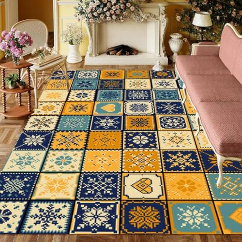 ROSURUG Outdoor Teppich XXL Gelb Fussmatte 70X140CM Buntes geometrisches Nähkunstdesign ist leicht zu reinigen von ROSURUG