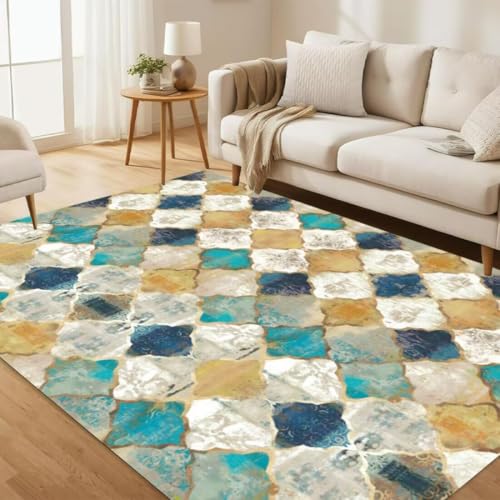 ROSURUG Teppich rutschfest gelb blau Teppich Jungs 160X230CM Einfaches quadratisches geometrisches Design Mehrfarbig Spleißen bequem von ROSURUG