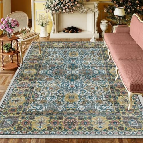 ROSURUG Tischdeko Esstisch Grün Teppich Maschinenwaschbar 120X160CM Frisches Blumenmuster-Design im Retro-Stil von ROSURUG