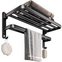 Handtuchhalter Schwarz, 2 Tier Badezimmer Badetuchhalter Wand Handtuchstange Klappbar Handtuch Halter Aluminium Bad Handtuchregal Ohne Bohren von ROSVOLA