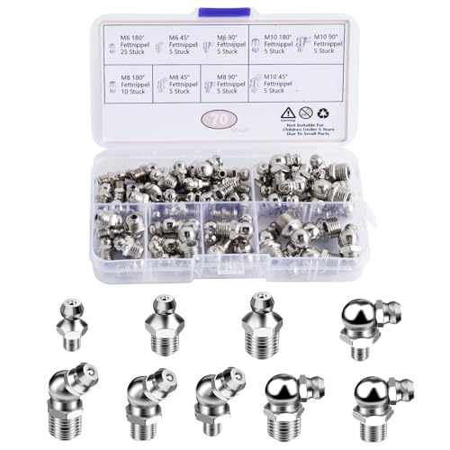 70 Stück Schmiernippel Sortiment, Schmiernippel Sortiment Kit, Schmiernippel Set M6 M8 M10 Gerade und Abgewinkelt 45 ° 90 ° 180 ° Kegelschmiernippel von ROSYLEVE