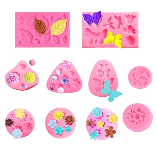10 Stück Silikonform Blumen 3D Kleine Silikonformen Fondant Blumen Schmetterling Blätter Form Silikon Backform für Schokolade Zuckerguss DIY Backen Dekoration von ROSYLEVE