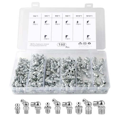 ROSYLEVE Schmiernippel Sortiment, Schmiernippel Sortiment Kit, Schmiernippel Set M6 M8 M10 Gerade und Abgewinkelt 45 ° 90 ° 180 ° Kegelschmiernippel (180) von ROSYLEVE