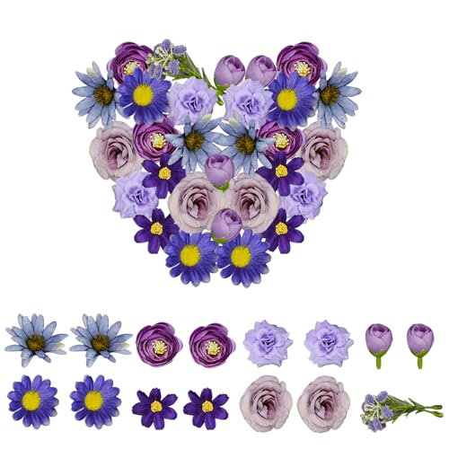 ROSYLEVE 40 Stück Kunstblumen zum Basteln, Mini Künstliche Blumen, Kunstblumen Blumenköpfe Klein Blumenköpfe Deko Seidenblumen Fake Blumen Blumendeko für JGA DIY Tortendeko Hochzeitsdeko von ROSYLEVE