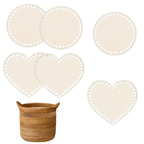ROSYLEVE 6 Stück Selfmade Korbboden Rund Formen, Herzförmig Korbboden Aus Holz 15/16.5cm Gehäkelter Korbboden Zum Häkeln Kreis Leerer Massiver Häkelkorb Holzbasis Blank Naturholzkorbboden Set von ROSYLEVE