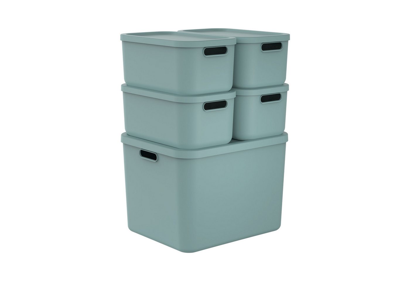 ROTHO Stapelbox Albula Light Set 5tlg. 4x 12l und 55l Aufbewahrungsboxen mit Deckel (5-teilig, Boxen-Set), Kisten stapelbar und mit Grifföffnungen von ROTHO