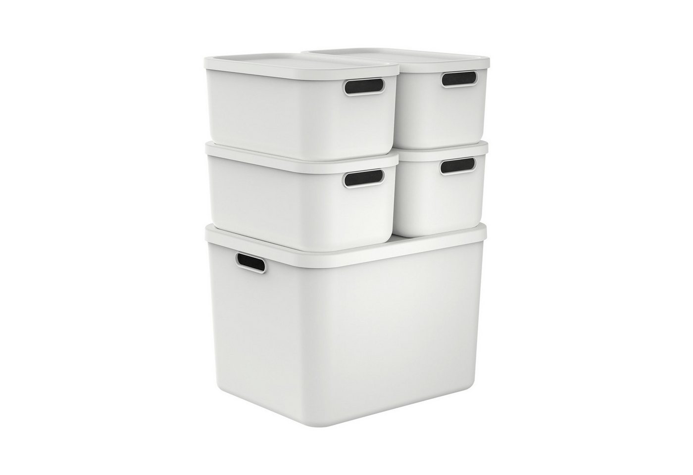ROTHO Stapelbox Albula Light Set 5tlg. 4x 12l und 55l Aufbewahrungsboxen mit Deckel (5-teilig, Boxen-Set), Kisten stapelbar und mit Grifföffnungen von ROTHO