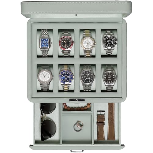 ROTHWELL Luxus Uhrenbox für 8 Uhren - Uhrenschatulle aus Kunstleder mit Echtglasdeckel - Schiebeschublade für Zubehör mit mehreren Fächern (Seafoam) von ROTHWELL