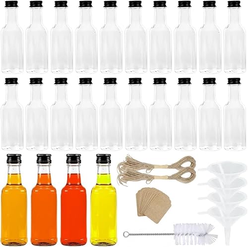24 Stück Mini Fläschchen Kunststoff Likörflaschen, 50ML Wiederverwendbar Leere kleine Schnapsflaschen mit Schwarzem Deckel u. Trichter für Events, Party von ROTKUSZ