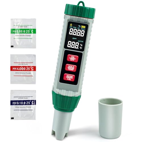 PH Messgerät Wasser, 5in1 PH EC TDS Salzgehalt Temperatur Hochpräziser Digital Pool tester mit LCD-Display, Automatischer Temperatur Kompensations pH Pool Tester, Hochpräziser Trinkwasser Wassertester von ROTKUSZ