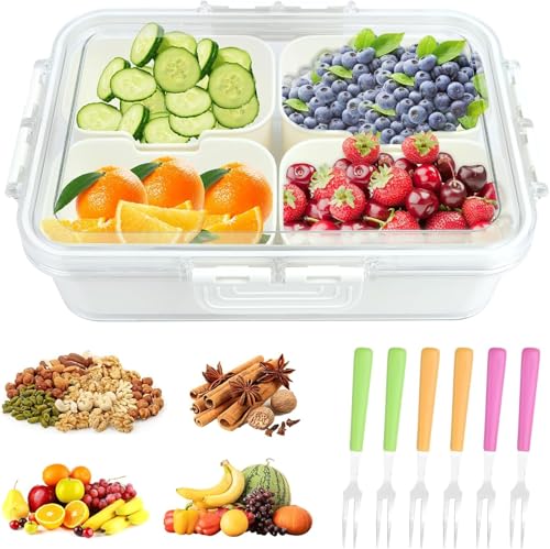 ROTKUSZ Snackbox mit Fächern Snackbox mit 4 Fächern Kunststoff Snackteller Nicht In Die Spülmaschine Geben BPA Frei Snackschale mit Deckel Abnehmbar Snack Organizer für Gewürze Keks Obst Nüsse von ROTKUSZ