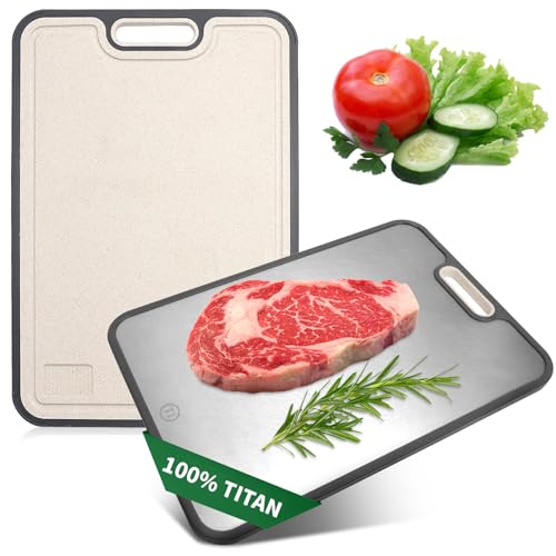 Titan Schneidebrett, Titanium Schneidebrett Doppelseitig mit Saftrillen und Rutschfeste Griffe, BPA-freies, Titanium Cutting Board für die Getrennte Handhabung von Fleisch und Gemüse Titan Schneidebrett, Titanium Schneidebrett Doppelseitig mit Saftrillen und Rutschfeste Griffe, BPA-freies, Titanium Cutting Board für die Getrennte Handhabung von Fleisch und Gemüse von ROTKUSZ